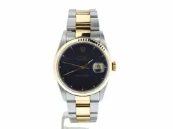 Rolex Datejust Mens 18K Gold Stainless Steel Watch Black Tapestry Dial 16233