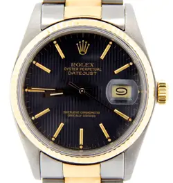 ROLEX DATEJUST 2TONE YELLOW GOLD STAINLESS STEEL WATCH BLACK TAPESTRY DIAL 16013