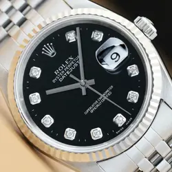 MENS ROLEX DATEJUST 16234 BLACK DIAMOND DIAL 18K WHITE GOLD BEZEL & STEEL WATCH