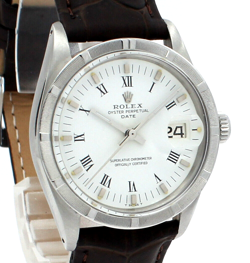 MEN VINTAGE ROLEX OYSTER PERPETUAL DATE STAINLESS STEEL WHITE ROMAN BUCKLEY 34MM