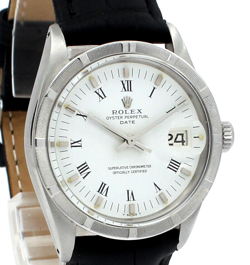 Men VINTAGE Rolex Oyster Perpetual Date Stainless Steel White Roman Buckley 34mm