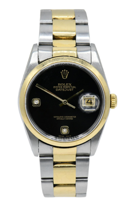 ROLEX 18K TWO TONE BLACK ONYX DATEJUST 16203 SMOOTH BEZEL WATCH