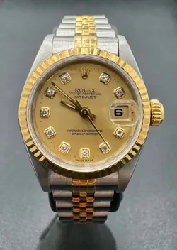 ROLEX DATE JUST 26MM 18K YELLOW GOLD TWO-TONE DIAMOND DIAL WATCH 69173