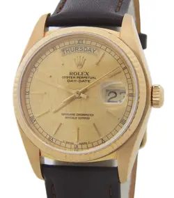 MENS ROLEX 18K GOLD DAY-DATE 18038 WATCH WITH FACTORY CHAMPAGNE LINEN DIAL