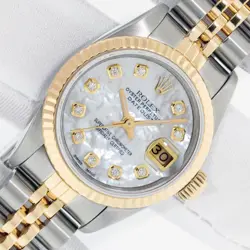ROLEX LADY DATEJUST 26 MOP DIAMOND DIAL STEEL AND 18K GOLD FLUTED BEZEL WATCH