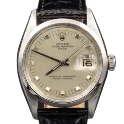 MENS ROLEX STAINLESS STEEL DATE WATCH WITH SILVER DIAL BLACK LEATHER BAND 1500
