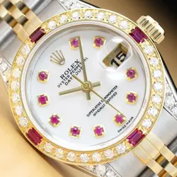 LADIES ROLEX DATEJUST MOTHER OF PEARL RUBY 18K GOLD & STEEL QUICKSET WATCH
