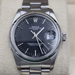MINT ROLEX OYSTER PERPETUAL DATE BLACK DIAL STAINLESS STEEL 1500 34MM WATCH