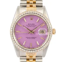 ROLEX DATEJUST 16233 18K GOLD & STEEL 36MM NO-HOLE PINK STICK DIAL DIAMOND BEZEL