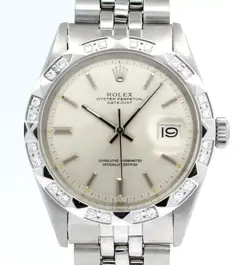 MENS VINTAGE ROLEX OYSTER PERPETUAL DATEJUST 36MM SILVER DIAL WHITE GOLD DIAMOND