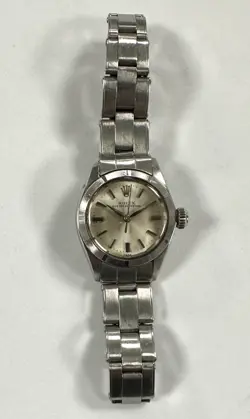WOMEN'S ROLEX OYSTER PERPETUAL STAINLESS STEEL 26MM WRIST WATCH, RUNNING