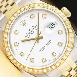 ROLEX MENS DATEJUST 16013 WHITE STAINLESS STEEL & 18K YELLOW GOLD DIAMOND WATCH