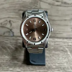 ROLEX AIR KING 14010 34MM SALMON DIAL W/ ENGINE TURNED BEZEL STEEL WATCH