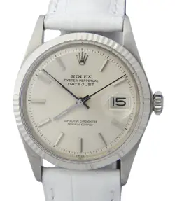 ROLEX DATEJUST 1601 STAINLESS STEEL WATCH W/WHITE GOLD BEZEL & SILVER DIAL