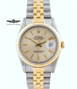 1990 ROLEX DATEJUST 16233 STEEL & 18K GOLD 36MM SILVER DIAL BOX & SERVICE PAPERS