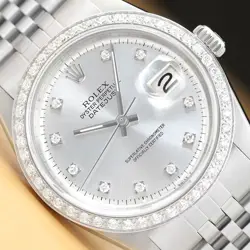 MENS ROLEX DATEJUST SILVER DIAL DIAMOND BEZEL 18K WHITE GOLD & STEEL WATCH