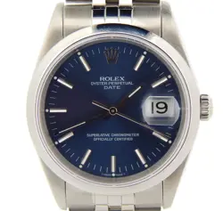 MENS ROLEX DATE STAINLESS STEEL WATCH QUICKSET DOMED BEZEL BLUE STICK DIAL 15200