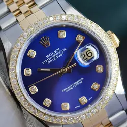 ROLEX MENS DATEJUST WATCH 18K GOLD & STEEL BLUE DIAMOND DIAL DIAMOND BEZEL 36MM