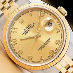 ROLEX MENS DATEJUST 16233 CHAMPAGNE ARABIC DIAL 18K GOLD STEEL TWO TONE WATCH