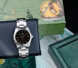 ROLEX MENS AIR-KING SS WATCH 34MM BLACK DIAL SMOOTH OYSTER BAND W/ BOX & PAPER