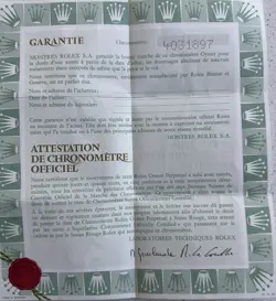 ROLEX ATTESTATION DE CHRONOMETRE OFFICIEL PAPER 1675 GMT 1976 SERIAL 4031897