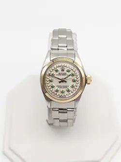 $8000 ROLEX OYSTER PERPETUAL 18K YELLOW GOLD SS EMERALD DIAMOND LADIES WATCH WTY
