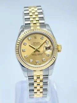 ROLEX DATEJUST 26MM 179173 FACTORY CHAMPAGNE DIAMOND DIAL TWO TONE JUBILEE GOLD