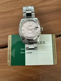 GORGEOUS ROLEX DATEJUST 116200 RARE PINK DIAL SS OYSTER WITH PAPERS 36MM LOOK!!!