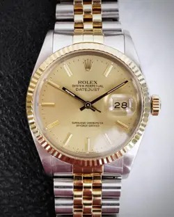 ROLEX DATEJUST 16013 BOX AND PAPERS 1987 JUBILEE GOLD STEEL CHAMPAGNE 36MM GREAT