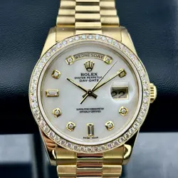 ROLEX DAY-DATE 36MM MOP AFTERMARKET DIAMOND DIAL BEZEL 18K GOLD WATCH 18238