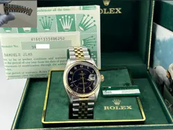 ROLEX DATEJUST 16013 DARK BLUE DIAL 18K YELLOW GOLD STAINLESS STEEL BOX PAPER