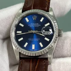 ROLEX 16220 DATEJUST BLUE DIAL STAINLESS STEEL LEATHER STRAP 36MM