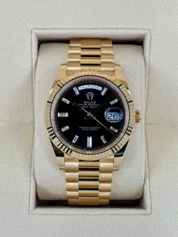 100%AUTH⊹ROLEX⊹ DAY-DATE BLACK DIAMOND BAGUETTE DIAL 18K YELLOW GOLD 228238