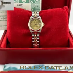 ROLEX LADIES DATEJUST 69173 CHAMPAGNE ROMAN DIAL 18K YELLOW GOLD STEEL BOX PAPER