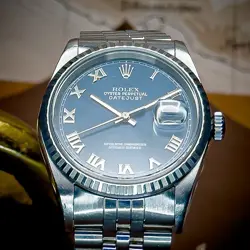 ROLEX DATEJUST 16220 SILVER JUBILEE & SILVER BEZEL BLUE DIAL COMPLETE SET 2001