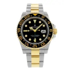 ROLEX GMT-MASTER II STEEL GOLD BLACK DIAL CERAMIC BEZEL MENS WATCH 116713LN