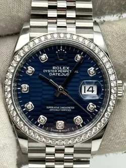 ROLEX DATEJUST 36MM BLUE MOTIF DIAMOND DIAL DIAMOND BEZEL JUB 126284RBR B&P '24