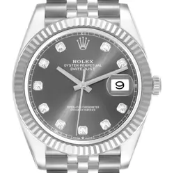 ROLEX DATEJUST 41 STEEL WHITE GOLD SLATE DIAMOND DIAL MENS WATCH 126334