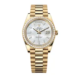 ROLEX DAY-DATE 40 WATCH 40MM MOTHER OF PEARL DIAMOND BAGUETTE INDEX DIAL YELL...