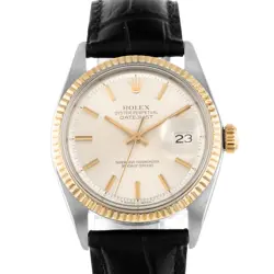 ROLEX DATEJUST 36 1601 SILVER INDEX STEEL YELLOW GOLD FLUTED LEATHER MENS WATCH
