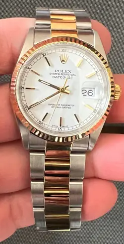 ROLEX 36MM PRE OWNED 18K GOLD/STEEL VINTAGE DATEJUST WHITE DIAL 16233