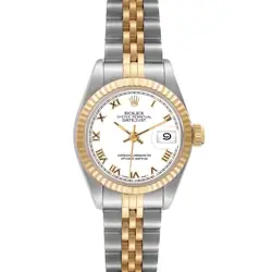 ROLEX DATEJUST WHITE ROMAN DIAL STEEL YELLOW GOLD LADIES WATCH 69173 BOX PAPERS