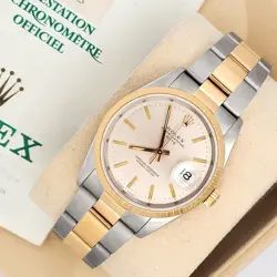 ROLEX DATE SILVER INDEX 2-TONE YELLOW GOLD/ STEEL WATCH 15223 BOX PAPERS