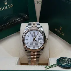 ROLEX DATEJUST 41 SILVER MOTIF INDEX TWO TONE ROSE GOLD FLUTED JUBILEE BRACELET