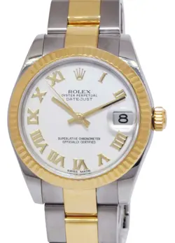 ROLEX DATEJUST 18K YELLOW GOLD/STEEL WHITE ROMAN DIAL LADIES 31MM WATCH 178273