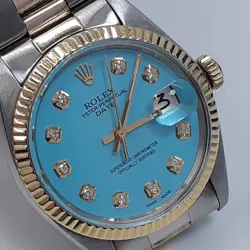 ROLEX DATE 34 MM TWO TONE BLUE TURQUOISE DIAMOND OYSTER WATCH 1501 CIRCA 1978