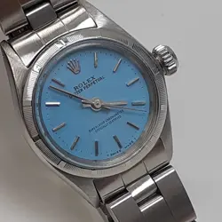 ROLEX OYSTER PERPETUAL LADIES 26 MM BLUE TURQUOISE STEEL WATCH 6723 CIRCA 1973