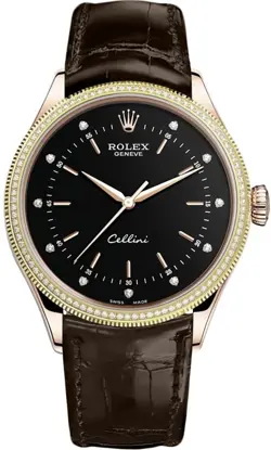 ROLEX CELLINI TIME SELF-WINDING BLACK DIAL BROWN STRAP AUTOMATIC MENS WATCH