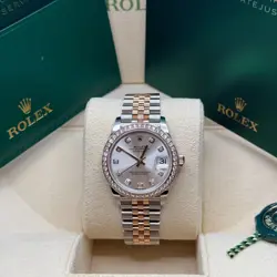 ROLEX DATEJUST 31 SILVER DIAMOND DIAL TWO TONE ROSE GOLD DIAMOND BEZEL JUBILEE