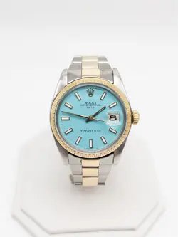 ESTATE $14,000 ROLEX DATE 34MM TIFFANY & CO BLUE MENS 18K YELLOW GOLD SS WATCH
